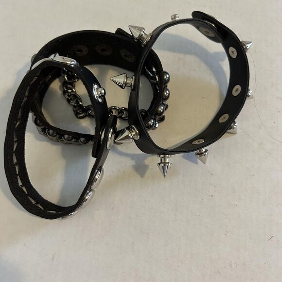 Punk Rock Studded Faux Leather Bracelet Set Spike Chain Wide Snap Cuff 3-Pack - Picture 4 of 9